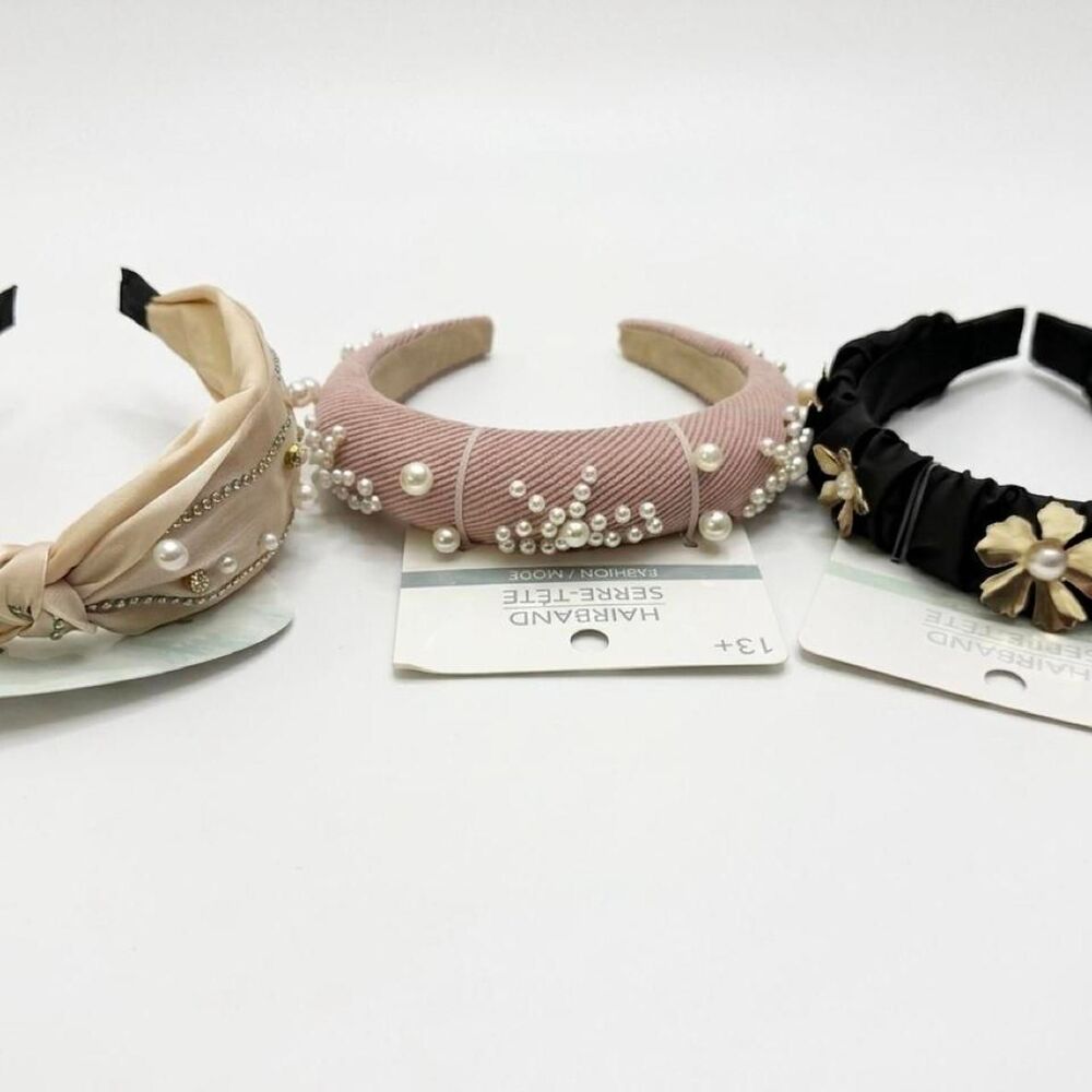 3-Piece Elegant Embellished Headband Set: Floral, Pearl, and Knot Designs - Picture 2 of 5